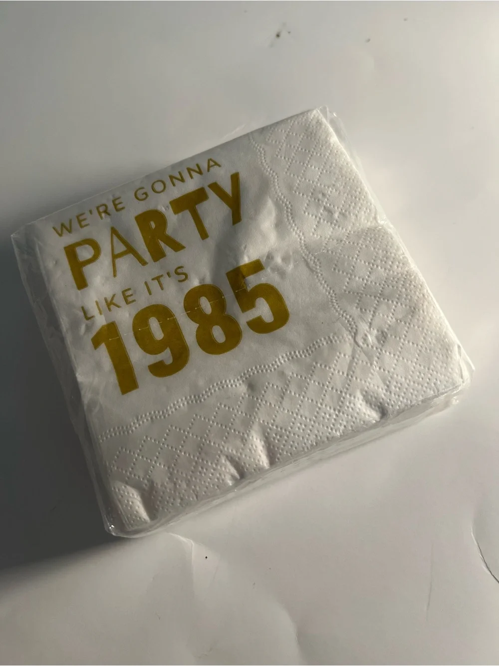 News Gold Foil 'Party Like It's 1985' White Cocktail Napkins